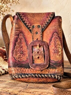 Vintage Brazilian Hand Tooled Leather Crossbody Bag Whipstitch Boho